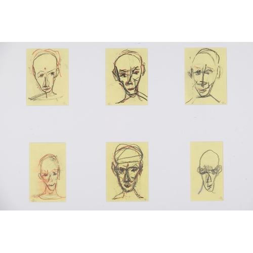 38 - 6 faces, charcoal/crayon on yellow paper, signed with monograms, mounted in common frame, overall fr... 