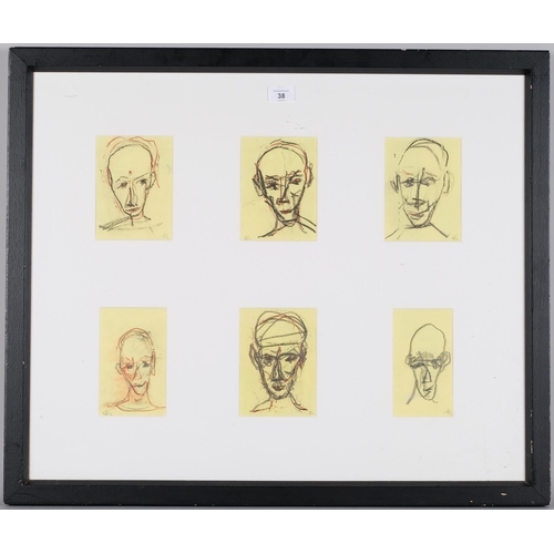 38 - 6 faces, charcoal/crayon on yellow paper, signed with monograms, mounted in common frame, overall fr... 