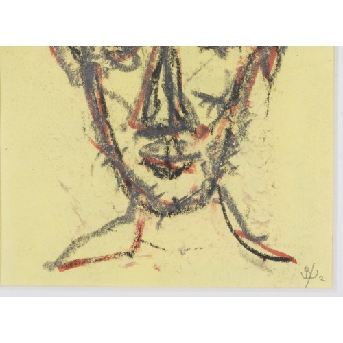 38 - 6 faces, charcoal/crayon on yellow paper, signed with monograms, mounted in common frame, overall fr... 