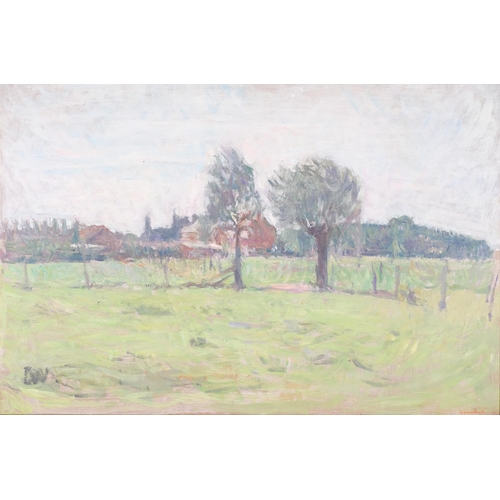 40 - 20th century French School, impressionist landscape, oil on board, indistinctly signed, 48cm x 72cm