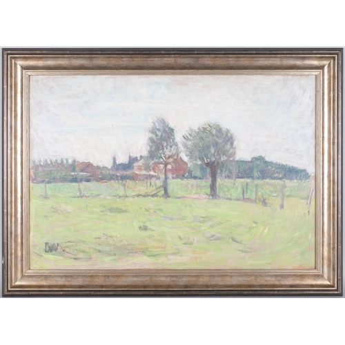 40 - 20th century French School, impressionist landscape, oil on board, indistinctly signed, 48cm x 72cm