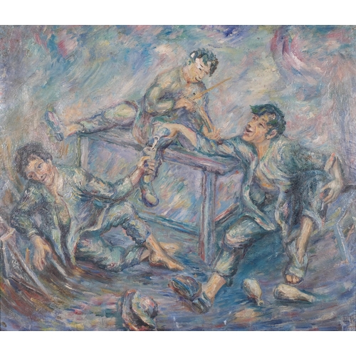 42 - 3 drunkards, mid-20th century oil on board, unsigned, 43cm x 50cm, framed