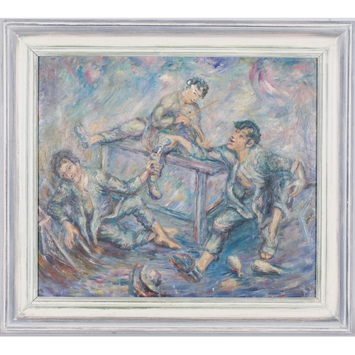 42 - 3 drunkards, mid-20th century oil on board, unsigned, 43cm x 50cm, framed