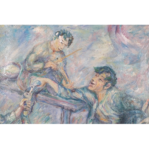 42 - 3 drunkards, mid-20th century oil on board, unsigned, 43cm x 50cm, framed