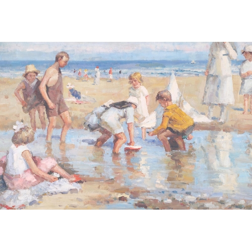 45 - Contemporary summer beach scene, late 20th century oil on canvas, unsigned, 75cm x 100cm, framed