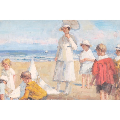 45 - Contemporary summer beach scene, late 20th century oil on canvas, unsigned, 75cm x 100cm, framed