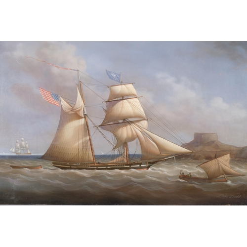 48 - Louis Dodd (1943 - 2006), American twin-masted gunship at full sale, oil on panel, signed, 33cm x 48... 