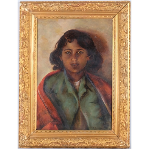 56 - Portrait of a girl, late 19th century oil on board, indistinctly signed R Shabe?, dated 1889, 46cm x... 