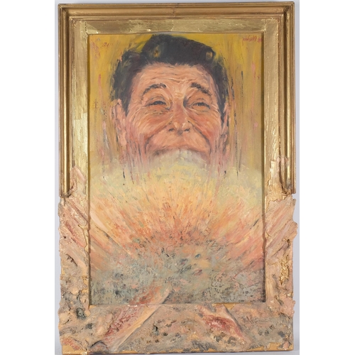 57 - Nicholls, surrealist portrait of Ronald Reagan, 1985, oil on canvas, in relief moulded plaster frame... 