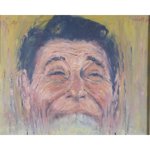 57 - Nicholls, surrealist portrait of Ronald Reagan, 1985, oil on canvas, in relief moulded plaster frame... 