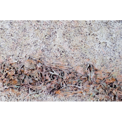 58 - Barry Kirk, shoreline, mixed media oil/plaster/collage on canvas, 106cm x 100cm, aluminium framed