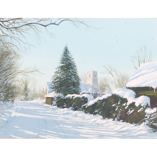 59 - Paul Evans, Thornham Magna Church in winter, gouache, 12cm x 16cm, framed