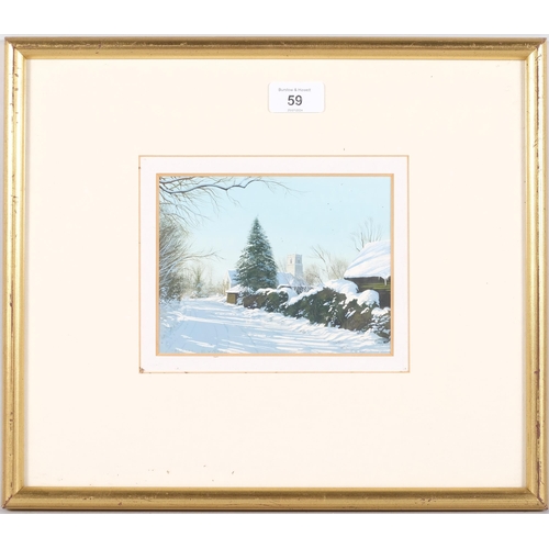 59 - Paul Evans, Thornham Magna Church in winter, gouache, 12cm x 16cm, framed