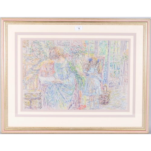 6 - Alasdair Urquhart (born 1956), woman and child in an interior, coloured pastels, 35cm x 54cm, framed