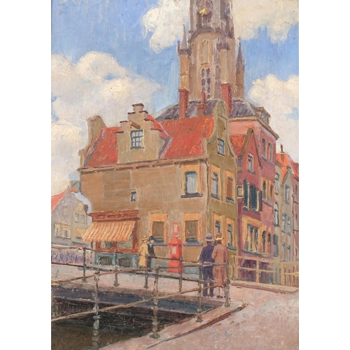 60 - Continental buildings by the canal, early 20th century oil on wood panel, unsigned, 33cm x 24cm, fra... 