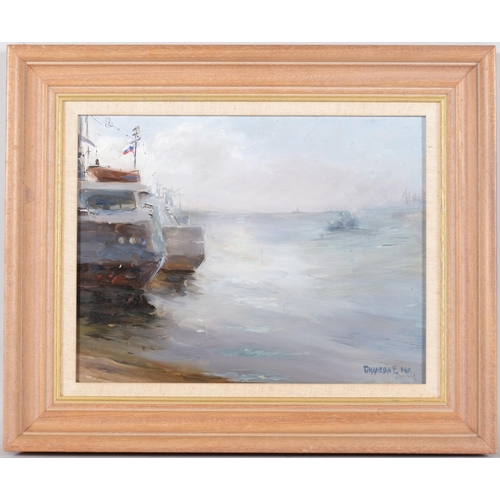 69 - Katya Gridneva (born 1965), boats, oil on board, 1994, 24cm x 29cm, framed