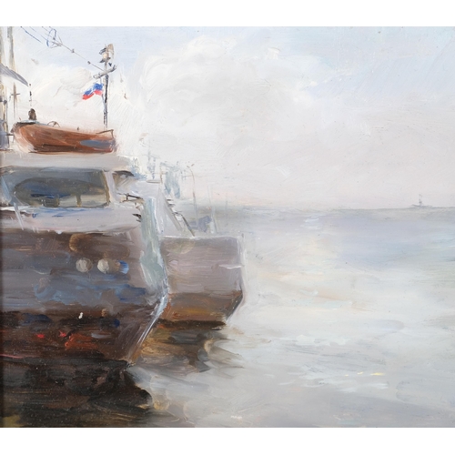 69 - Katya Gridneva (born 1965), boats, oil on board, 1994, 24cm x 29cm, framed