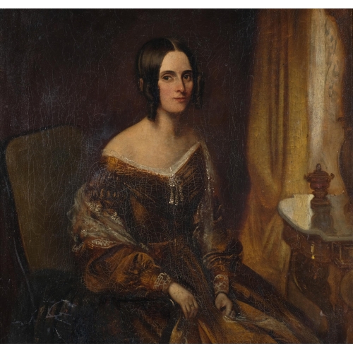 73 - Portrait of a woman, 19th century oil on canvas, unsigned, 53cm x 43cm, framed