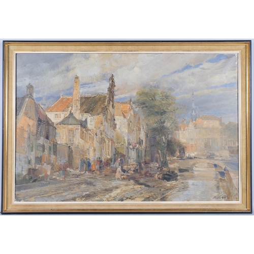 74 - Dutch canal through a town, mid-20th century oil on canvas, indistinctly signed, 62cm x 92cm, framed