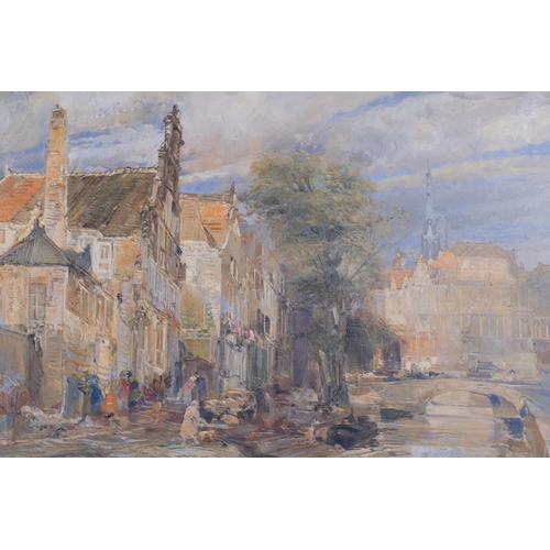 74 - Dutch canal through a town, mid-20th century oil on canvas, indistinctly signed, 62cm x 92cm, framed