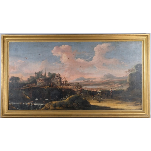 75 - Large scale Italianate landscape, 18th/19th century oil on canvas, unsigned, 70cm x 135cm, framed