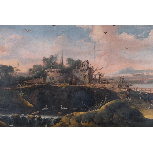 75 - Large scale Italianate landscape, 18th/19th century oil on canvas, unsigned, 70cm x 135cm, framed