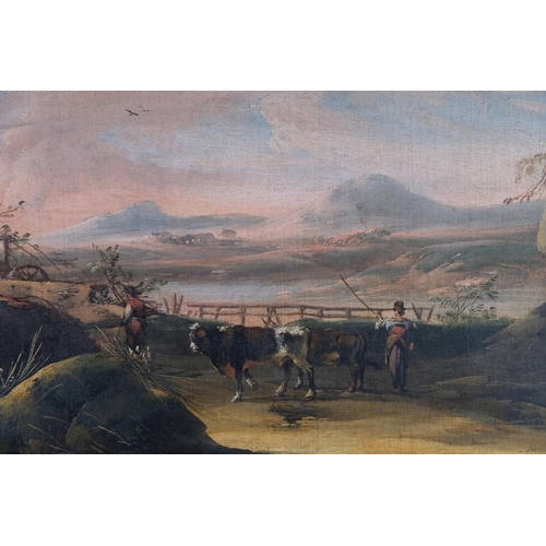 75 - Large scale Italianate landscape, 18th/19th century oil on canvas, unsigned, 70cm x 135cm, framed