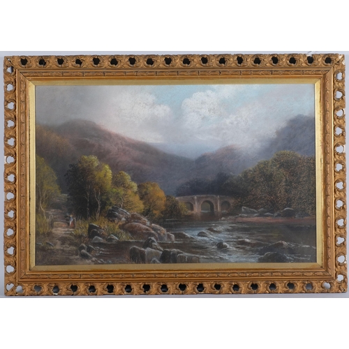 77 - Fingle Bridge, Chagford Devon, oil on canvas, 19th century coloured pastels on canvas, original labe... 