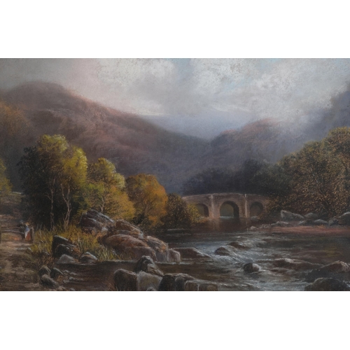 77 - Fingle Bridge, Chagford Devon, oil on canvas, 19th century coloured pastels on canvas, original labe... 