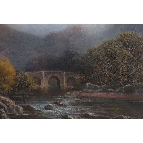 77 - Fingle Bridge, Chagford Devon, oil on canvas, 19th century coloured pastels on canvas, original labe... 