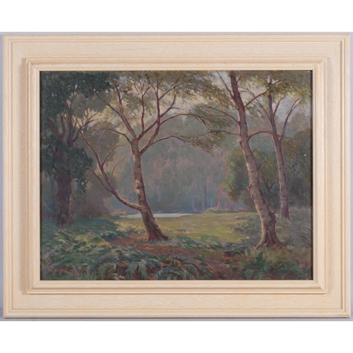 81 - William Cadwalader (active 1905 - 1911), a woodland clearing, oil on board, 1950, 36cm x 47cm, frame... 