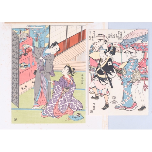 83 - A pair of woodblock oriental prints by Koryusai , all appear stamped, largest 26cm x 19cm