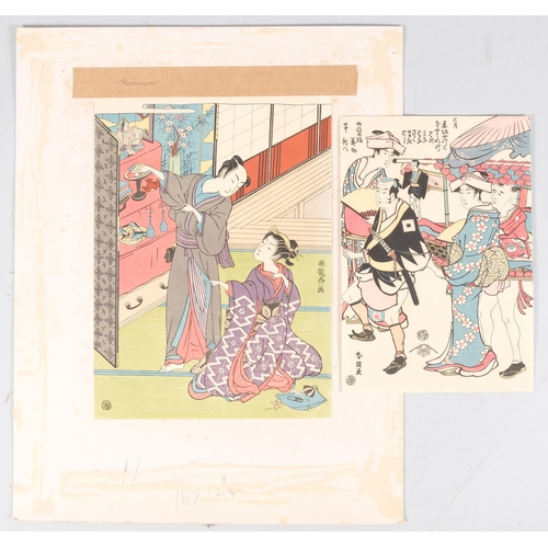 83 - A pair of woodblock oriental prints by Koryusai , all appear stamped, largest 26cm x 19cm