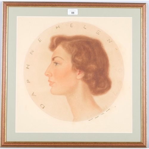 88 - J Belohorsky, circular Post-War Period portrait of a woman, coloured pastels dated 1957, image 37cm ... 