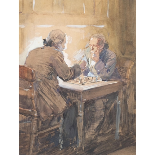 89 - A chess match, late 19th/early 20th century watercolour illustration, unsigned, 32cm x 24cm, framed