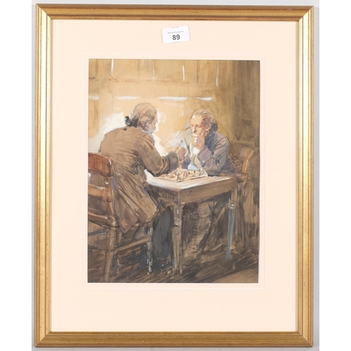 89 - A chess match, late 19th/early 20th century watercolour illustration, unsigned, 32cm x 24cm, framed