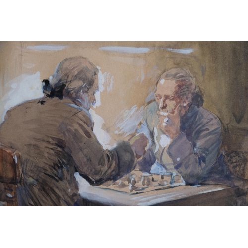 89 - A chess match, late 19th/early 20th century watercolour illustration, unsigned, 32cm x 24cm, framed