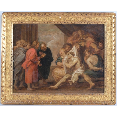 Circle of Sir Peter Paul Rubens (1577 - 1640), The Raising of Lazarus, oil on canvas laid on panel, 31cm x 42cm, framed, provenance: Bonham's Knightsbridge, 4th April 2023 Lot 67