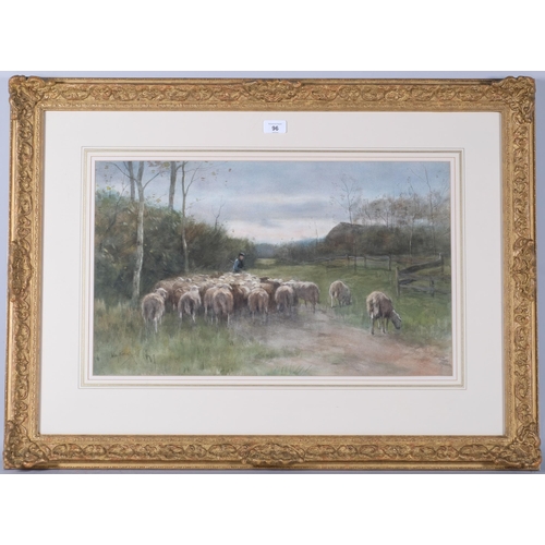 96 - William Steelink (Dutch, born 1856), drover and flock of sheep, watercolour, 35cm x 60cm, framed