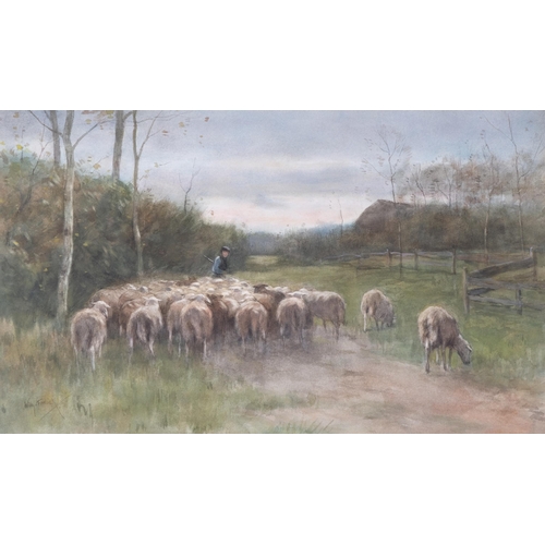 96 - William Steelink (Dutch, born 1856), drover and flock of sheep, watercolour, 35cm x 60cm, framed