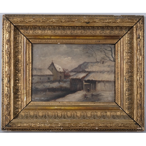 98 - Continental winter farm scene, 19th century oil on wood panel, indistinctly signed, 14cm x 20cm, fra... 