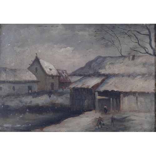 98 - Continental winter farm scene, 19th century oil on wood panel, indistinctly signed, 14cm x 20cm, fra... 