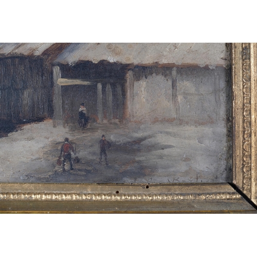 98 - Continental winter farm scene, 19th century oil on wood panel, indistinctly signed, 14cm x 20cm, fra... 