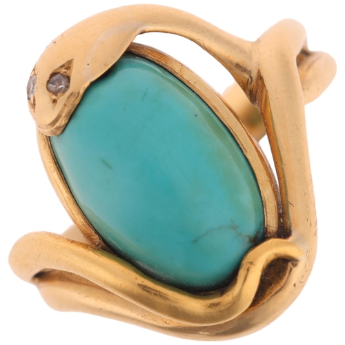 1100 - An 18ct gold turquoise and diamond snake ring, designed as a coiled snake set with oval cabochon tur... 