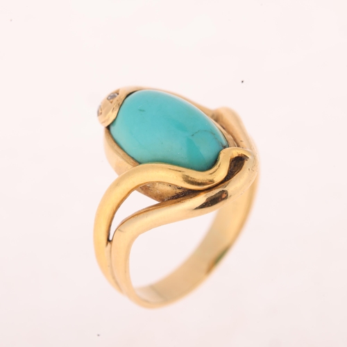 1100 - An 18ct gold turquoise and diamond snake ring, designed as a coiled snake set with oval cabochon tur... 