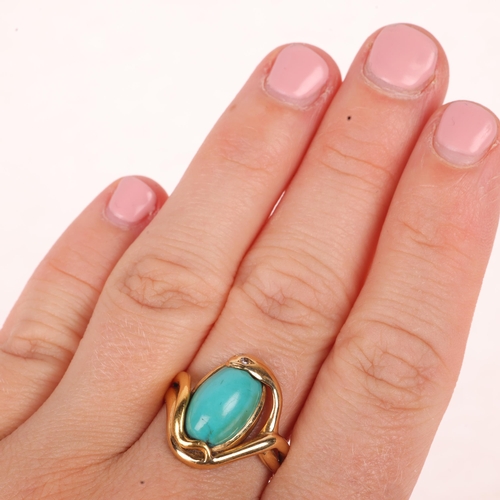 1100 - An 18ct gold turquoise and diamond snake ring, designed as a coiled snake set with oval cabochon tur... 