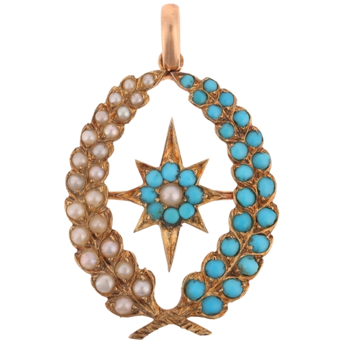 1101 - An Antique Victorian 15ct gold turquoise and pearl laurel pendant designed as 2 leaves with star cen... 