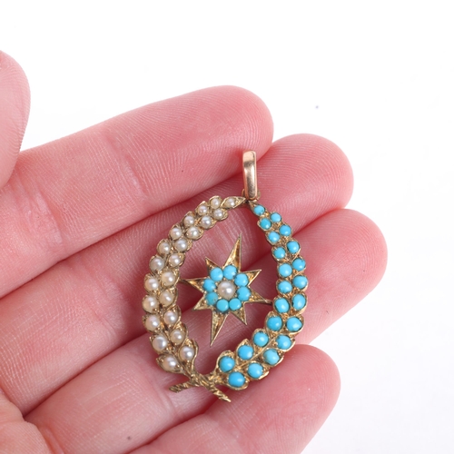 1101 - An Antique Victorian 15ct gold turquoise and pearl laurel pendant designed as 2 leaves with star cen... 