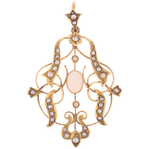 1103 - An Art Nouveau Edwardian 9ct gold opal and pearl openwork pendant, maker G&W, 43.8mm, 2.8g