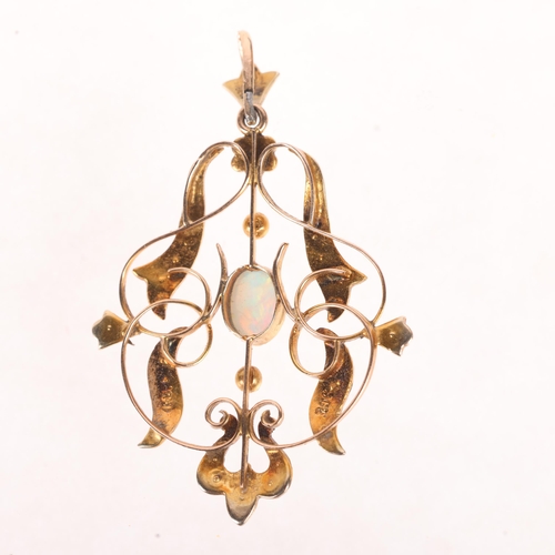 1103 - An Art Nouveau Edwardian 9ct gold opal and pearl openwork pendant, maker G&W, 43.8mm, 2.8g